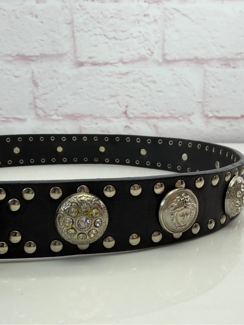 Rare 90s Gianni Versace Studded Leather Medusa Black Belt 70/28